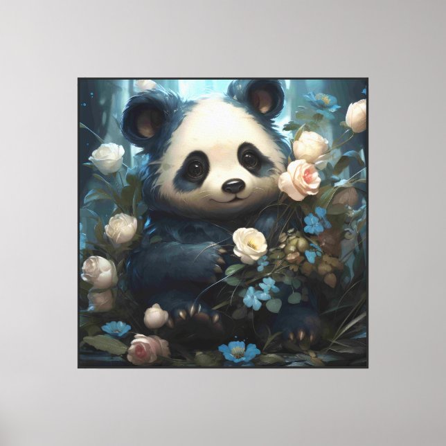 Gentle Panda Bear Among Jungle Roses Canvas Print (Front)