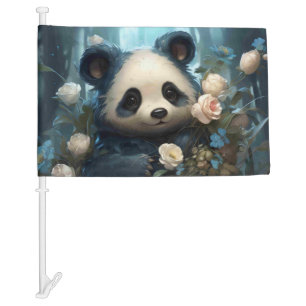 Gentle Panda Bear Among Jungle Roses Car Flag
