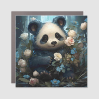 Gentle Panda Bear Among Jungle Roses Car Magnet