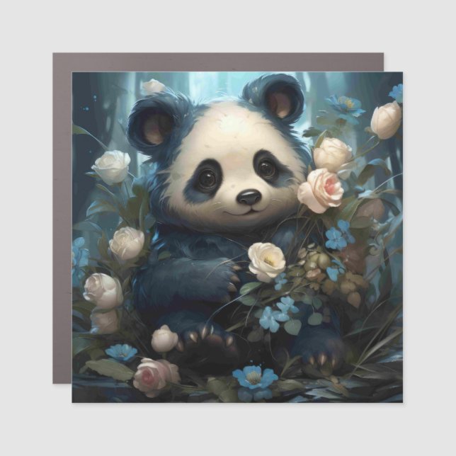 Gentle Panda Bear Among Jungle Roses Car Magnet (Front)