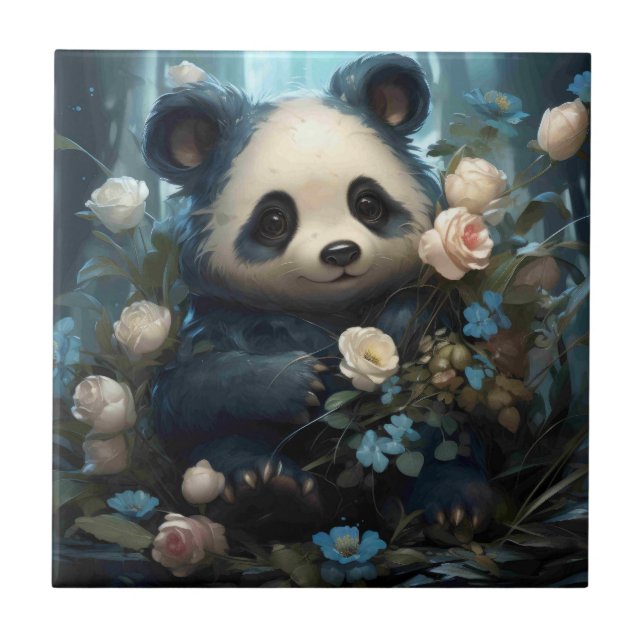 Gentle Panda Bear Among Jungle Roses Ceramic Tile (Front)
