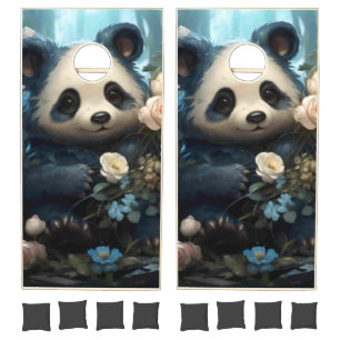 Gentle Panda Bear Among Jungle Roses Cornhole Set