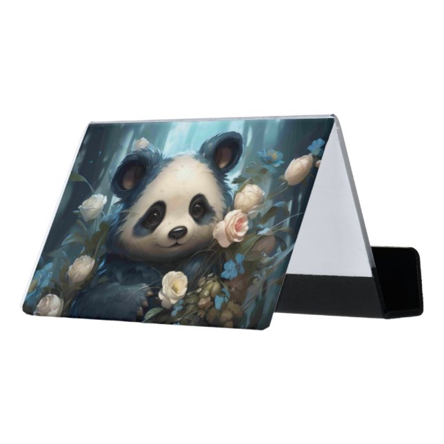 Gentle Panda Bear Among Jungle Roses Desk Business Card Holder (Angled Back)