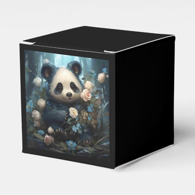 Gentle Panda Bear Among Jungle Roses Favor Boxes (Front Side)
