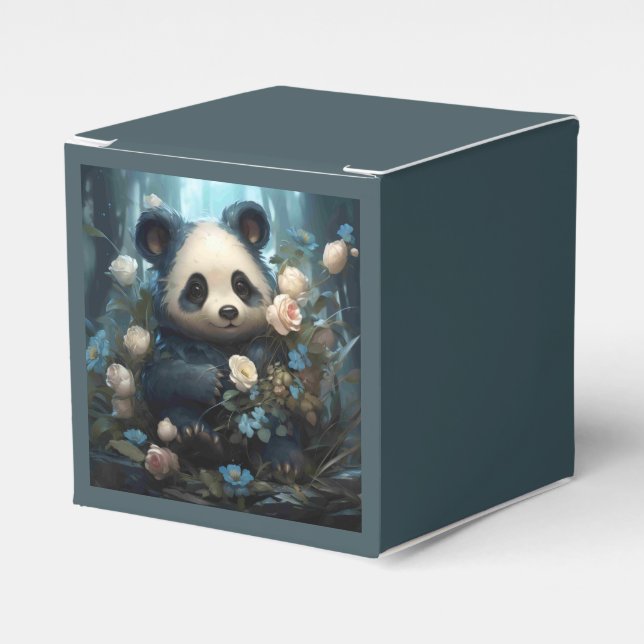 Gentle Panda Bear Among Jungle Roses Favor Boxes (Front Side)