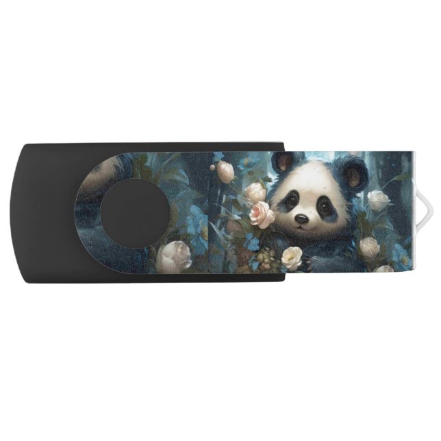 Gentle Panda Bear Among Jungle Roses Flash Drive (Front)