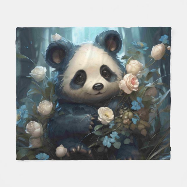 Gentle Panda Bear Among Jungle Roses Fleece Blanket (Front (Horizontal))