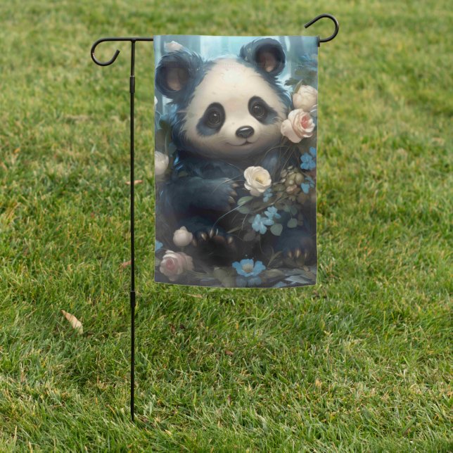 Gentle Panda Bear Among Jungle Roses Garden Flag (In SItu)