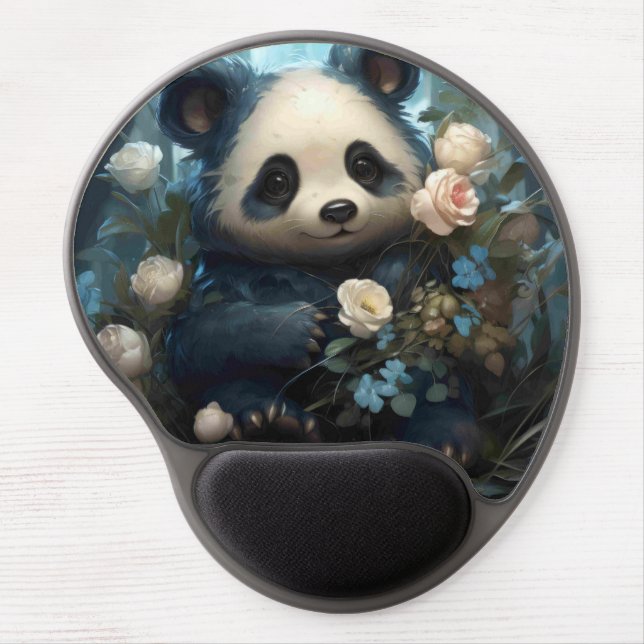 Gentle Panda Bear Among Jungle Roses Gel Mouse Pad (Front)