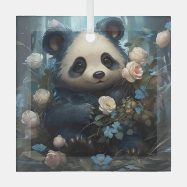 Gentle Panda Bear Among Jungle Roses Glass Ornament (Front)