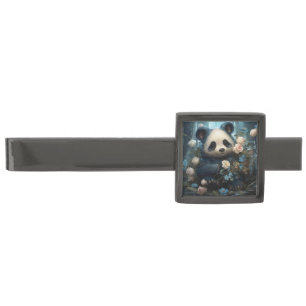 Gentle Panda Bear Among Jungle Roses Gunmetal Finish Tie Bar