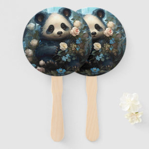 Gentle Panda Bear Among Jungle Roses Hand Fan
