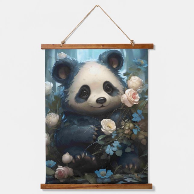 Gentle Panda Bear Among Jungle Roses Hanging Tapestry (Front)