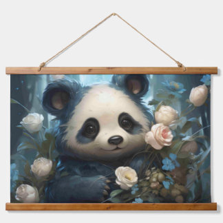 Gentle Panda Bear Among Jungle Roses Hanging Tapestry