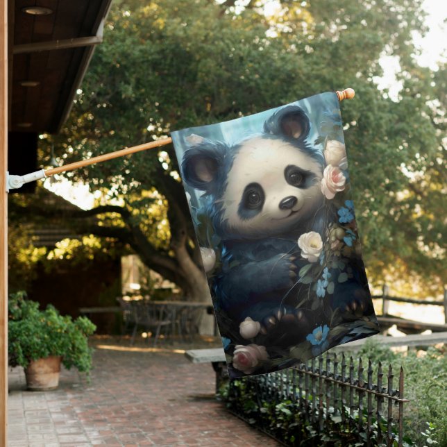 Gentle Panda Bear Among Jungle Roses House Flag (In SItu)