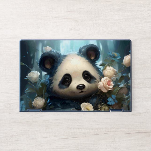 Gentle Panda Bear Among Jungle Roses HP Laptop Skin (Front)