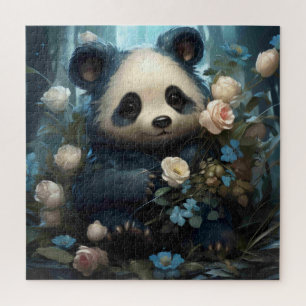 Gentle Panda Bear Among Jungle Roses Jigsaw Puzzle