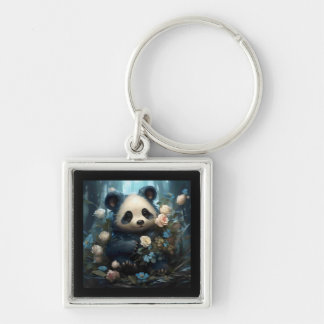 Gentle Panda Bear Among Jungle Roses Keychain