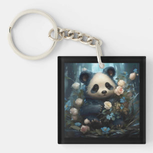 Gentle Panda Bear Among Jungle Roses Keychain