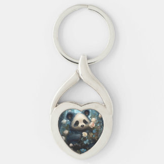 Gentle Panda Bear Among Jungle Roses Keychain