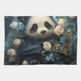 Gentle Panda Bear Among Jungle Roses Kitchen Towel