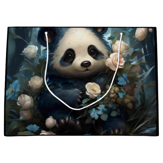 Gentle Panda Bear Among Jungle Roses Large Gift Bag (Front)