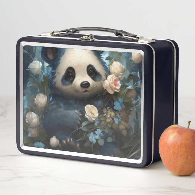 Gentle Panda Bear Among Jungle Roses Metal Lunch Box (In Situ)