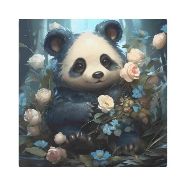 Gentle Panda Bear Among Jungle Roses Metal Print (Front)