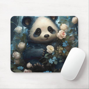 Gentle Panda Bear Among Jungle Roses Mouse Pad