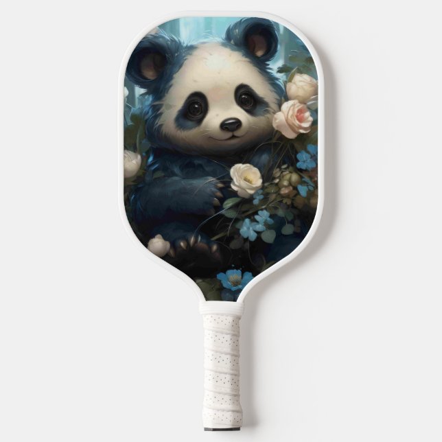 Gentle Panda Bear Among Jungle Roses Pickleball Paddle (Front)