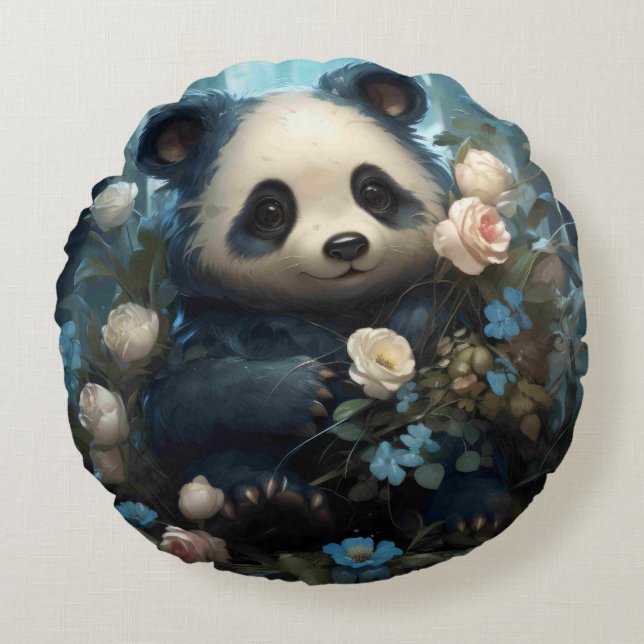 Gentle Panda Bear Among Jungle Roses Round Pillow (Front)