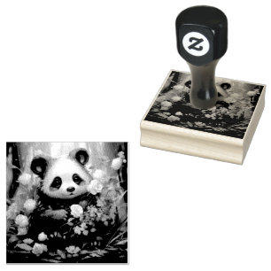 Gentle Panda Bear Among Jungle Roses Rubber Stamp