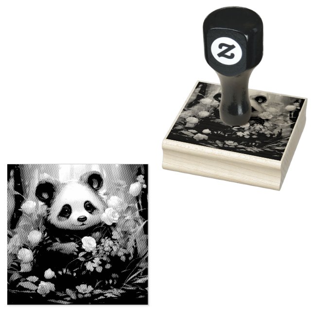 Gentle Panda Bear Among Jungle Roses Rubber Stamp (Stamped)
