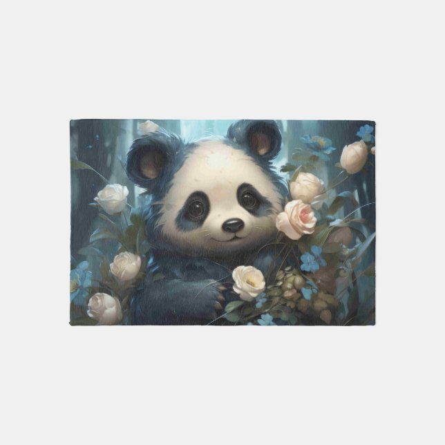 Gentle Panda Bear Among Jungle Roses Rug (Front)