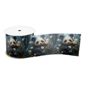 Gentle Panda Bear Among Jungle Roses Satin Ribbon