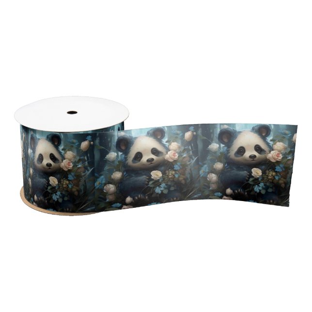 Gentle Panda Bear Among Jungle Roses Satin Ribbon (Spool)
