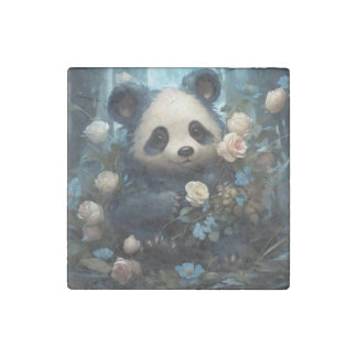 Gentle Panda Bear Among Jungle Roses Stone Magnet