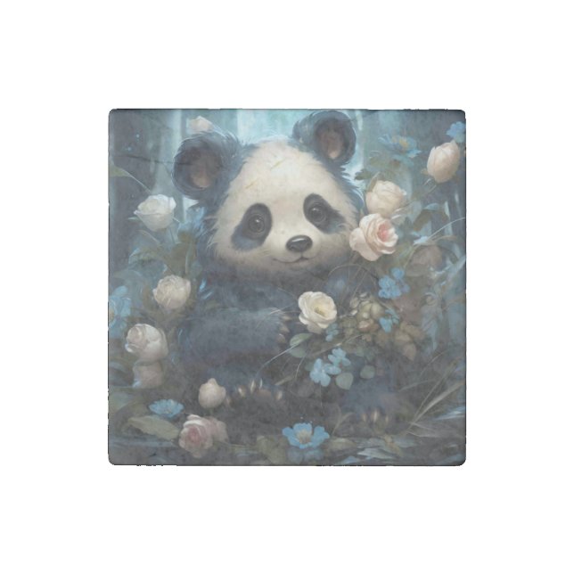 Gentle Panda Bear Among Jungle Roses Stone Magnet (Front)