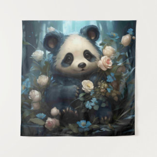 Gentle Panda Bear Among Jungle Roses Tapestry