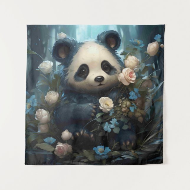 Gentle Panda Bear Among Jungle Roses Tapestry (Front)