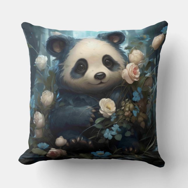 Gentle Panda Bear Among Jungle Roses Throw Pillow (Front)
