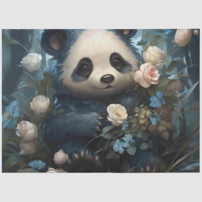 Gentle Panda Bear Among Jungle Roses Tissue Paper (Front)