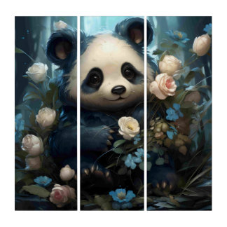 Gentle Panda Bear Among Jungle Roses Triptych