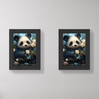 Gentle Panda Bear Among Jungle Roses Wall Art Sets
