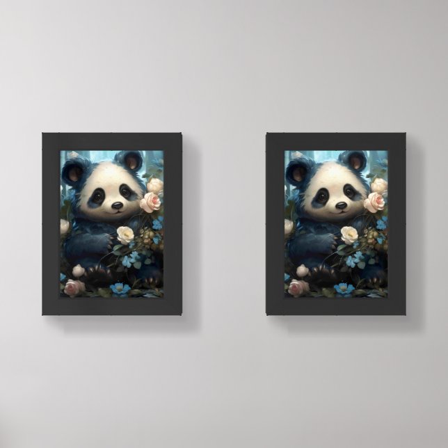 Gentle Panda Bear Among Jungle Roses Wall Art Sets (Front)