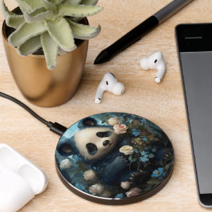 Gentle Panda Bear Among Jungle Roses Wireless Charger