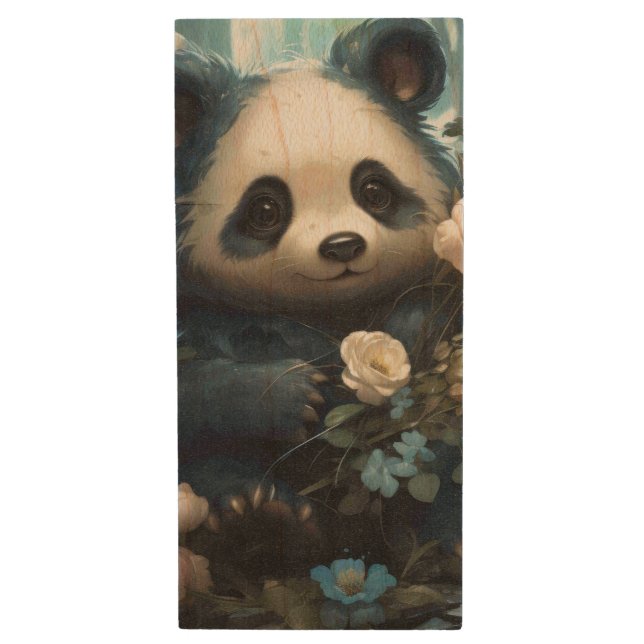Gentle Panda Bear Among Jungle Roses Wood Flash Drive (Front Vertical)