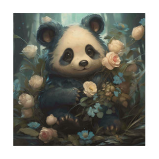 Gentle Panda Bear Among Jungle Roses Wood Wall Art