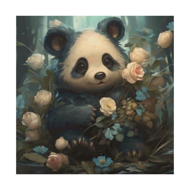Gentle Panda Bear Among Jungle Roses Wood Wall Art (Front)
