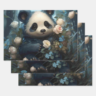 Gentle Panda Bear Among Jungle Roses Wrapping Paper Sheets